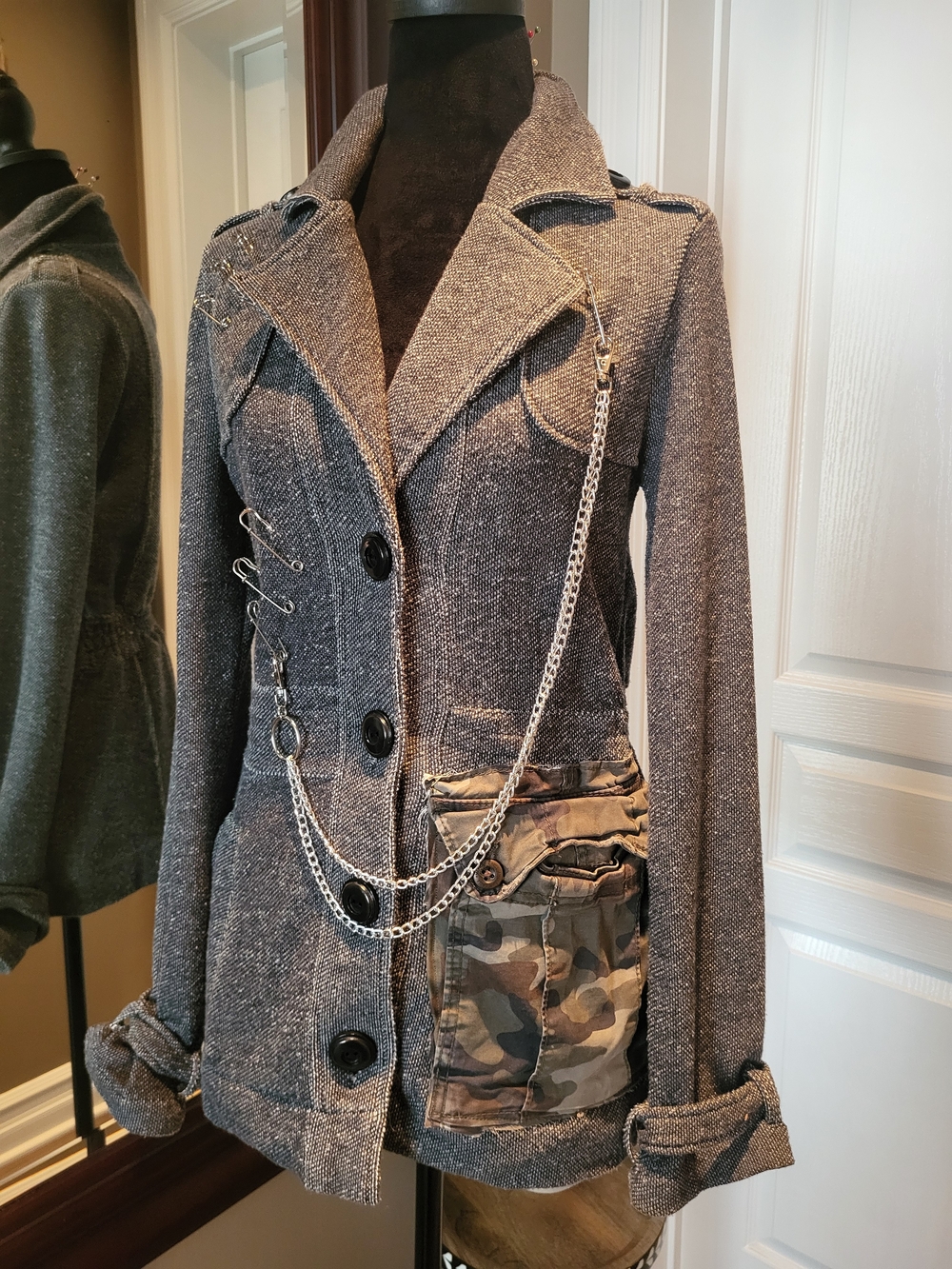 Womens Gray Tweed Military-Inspired Jacket with Camouflage Pocket